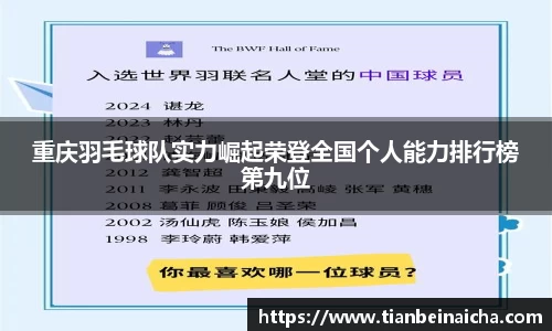 重庆羽毛球队实力崛起荣登全国个人能力排行榜第九位